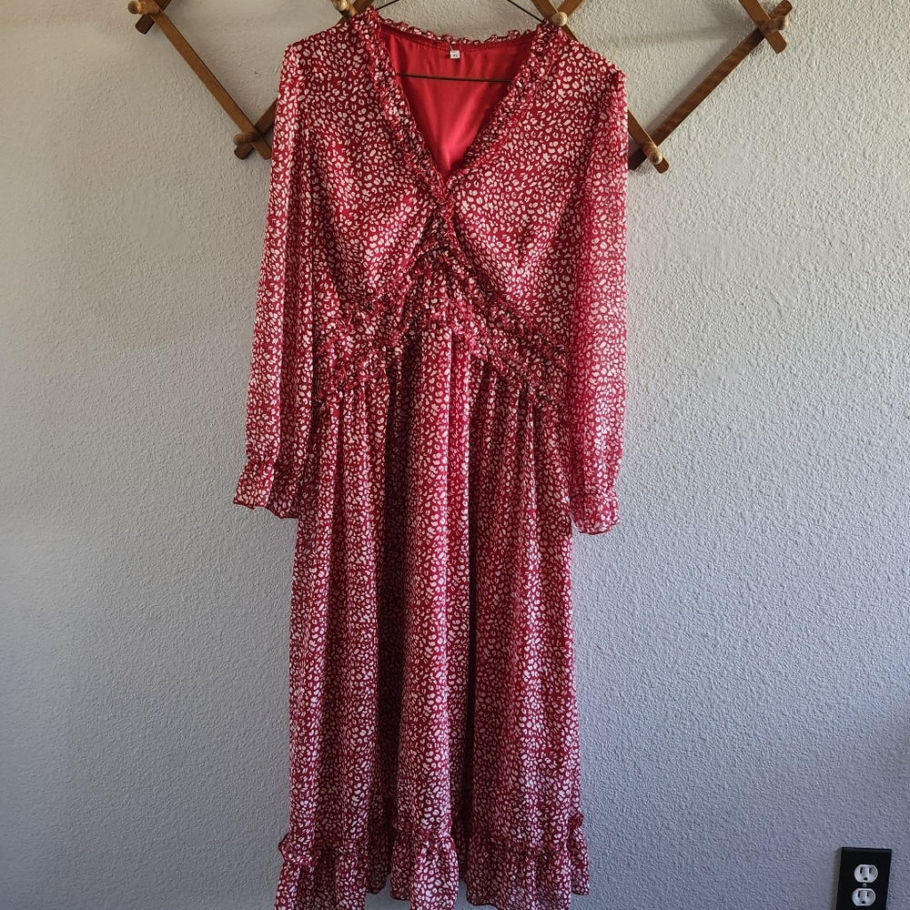 Red & White Cheeta Print Midi Dress